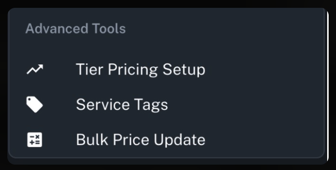 The Advanced Tools panel showing the Bulk Price Update option