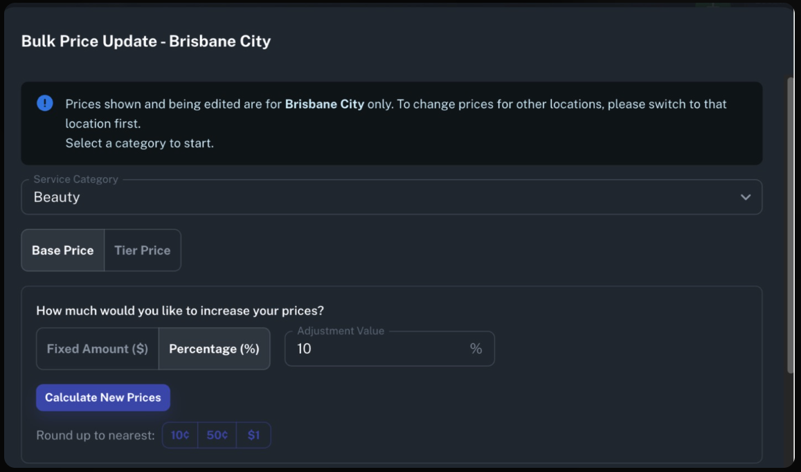 The Bulk Price Update dialog with a category selected and adjustment controls