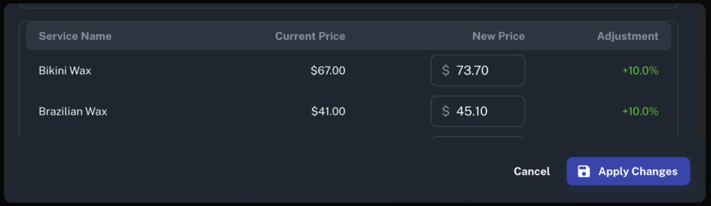 The services table showing current prices, new prices, and the percentage adjustment