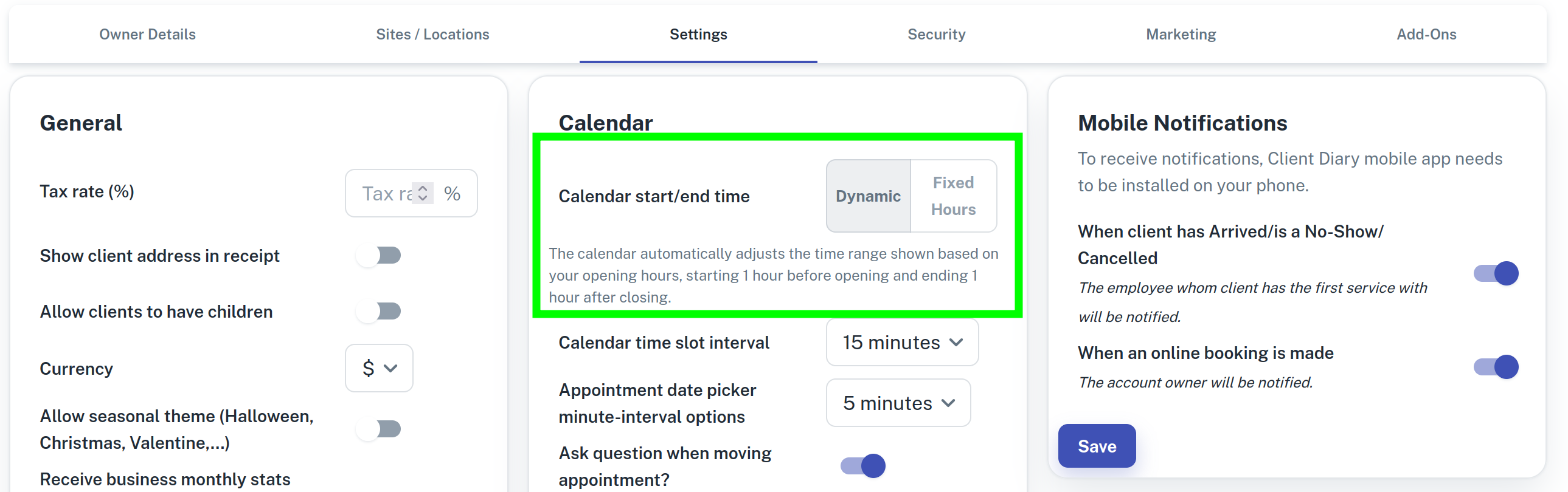 The Daily visible Start and End time of Calendar setting showing Dynamic Hours and Fixed Hours options