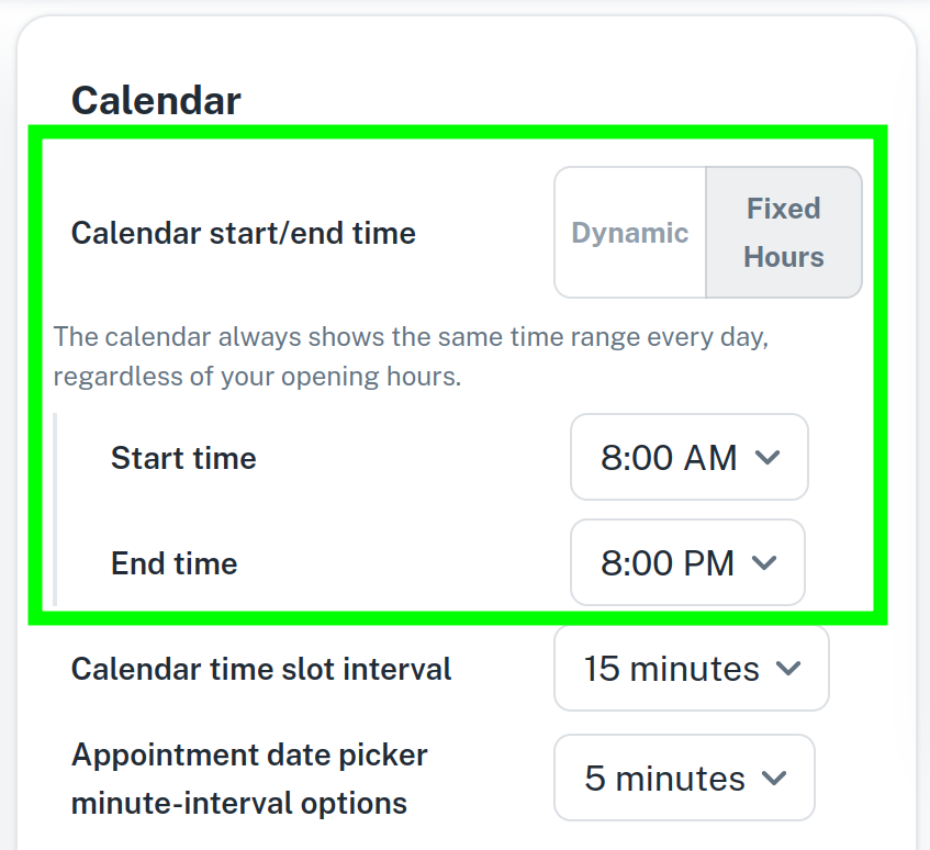 The Fixed Hours option expanded with start time and finish time selectors